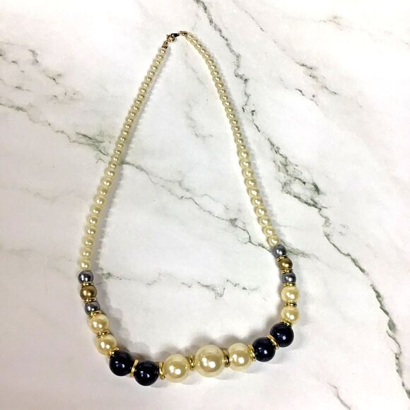 Vintage 23" Beaded Necklace Blue Faux Pearls Graduated Chunky Gold Tone Spacers - Picture 1 of 6